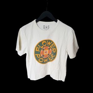 Y2K Old Pal Provisions Flower Power Boho T-Shirt Off White XS Retro Raw Hem Tee